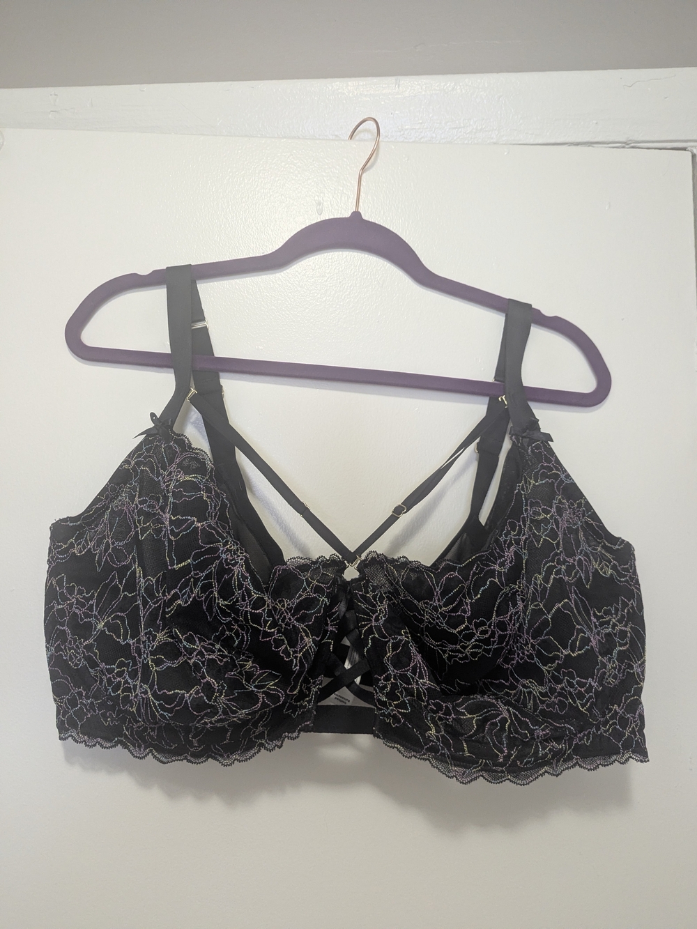 Cacique Black Lace Bralette with Lavender Embroidery